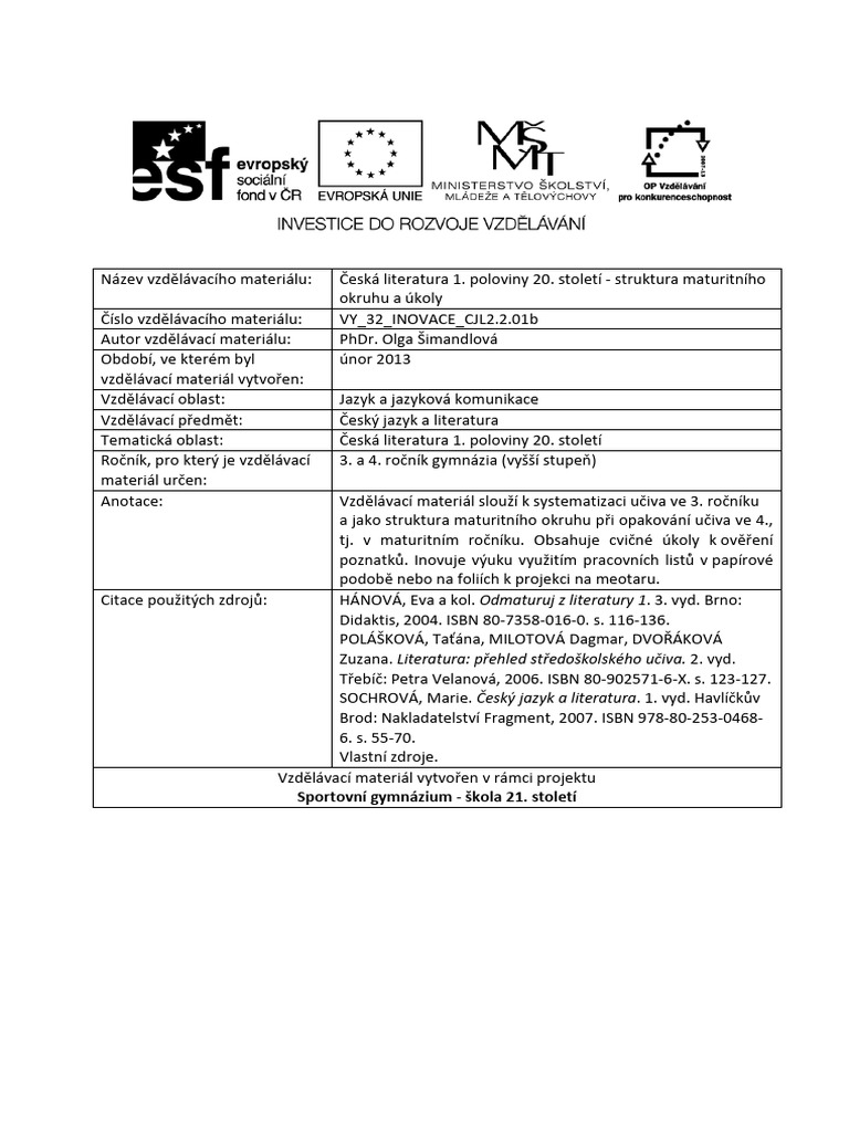 Česká literatura 1. pol. 20. stol. | PDF