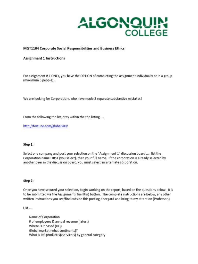 MGT1104-Assignment # 1 Instructions | PDF | Corporate Social ...