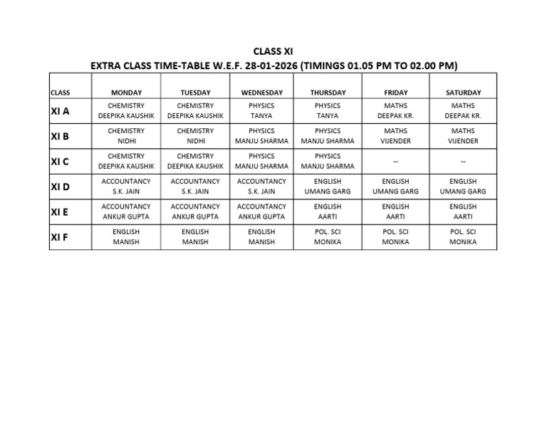 Extra Class Tt Class Xi Wef 28012026 | PDF