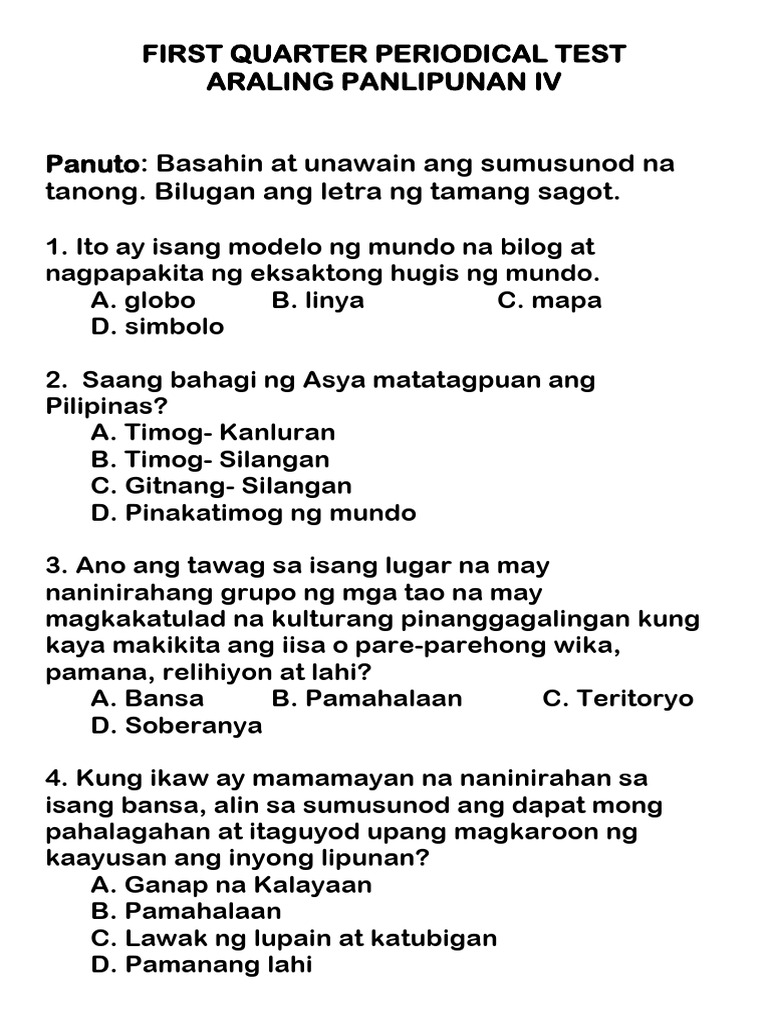 1st Quarter AP - Periodical Test | PDF