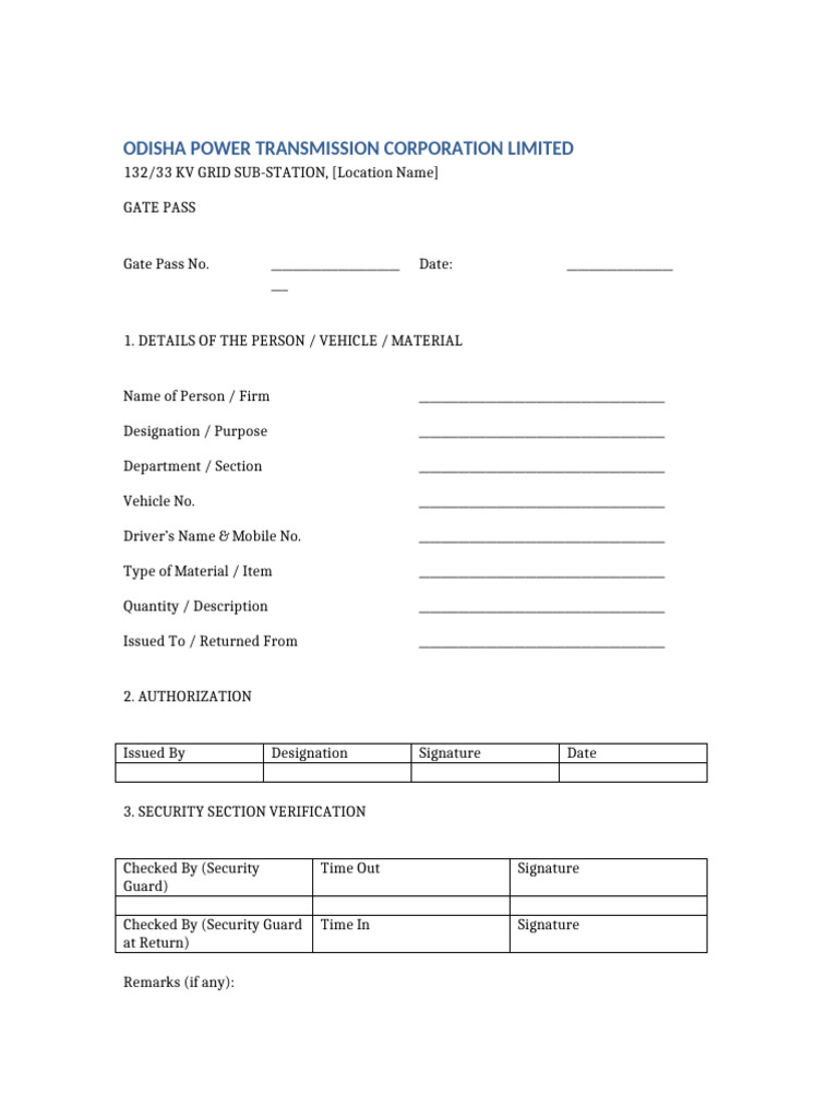 Gate Pass Format OPTCL | PDF