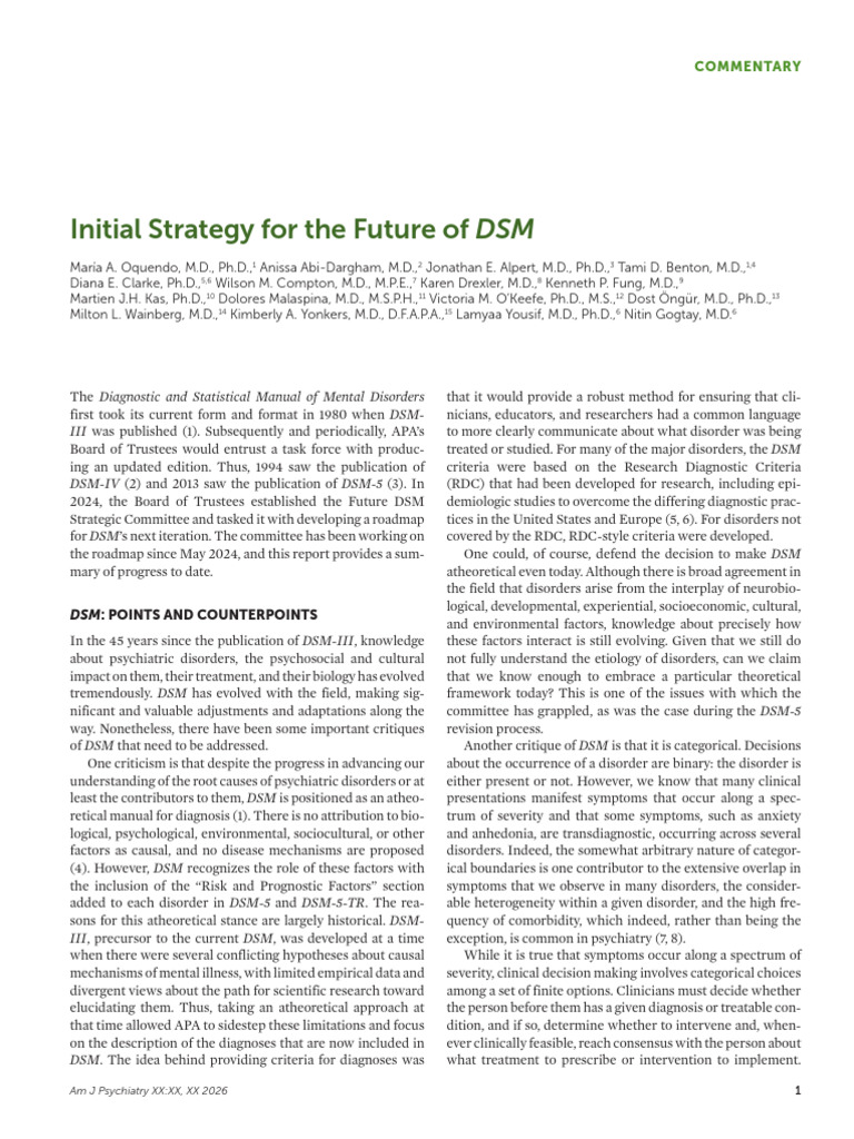 Oquendo Et Al 2026 Initial Strategy For The Future of DSM | PDF ...