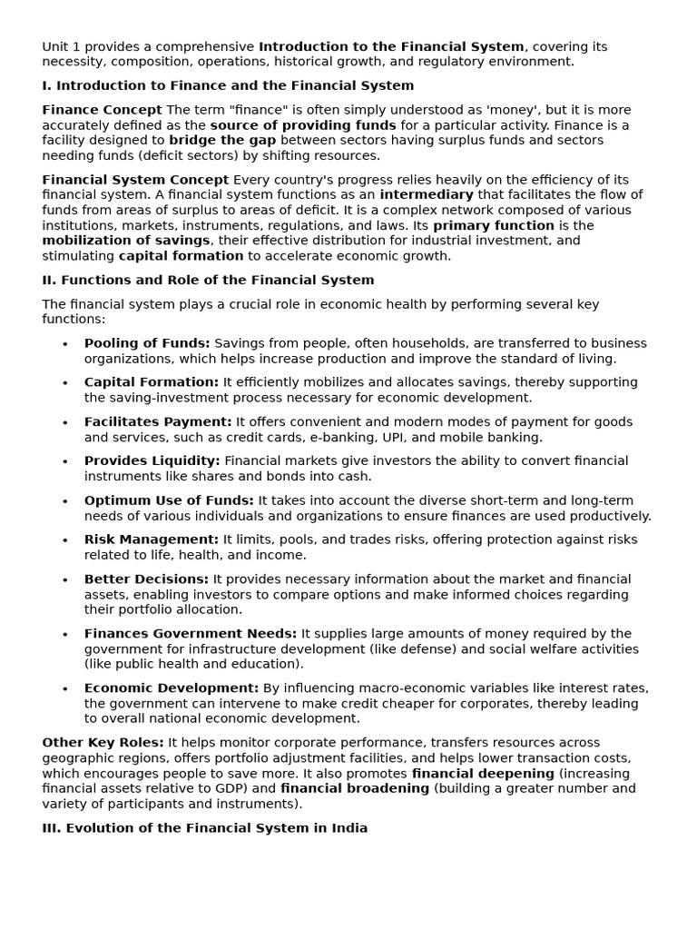 Unit 1 Provides A Comprehensive Introduction To The Financial System ...