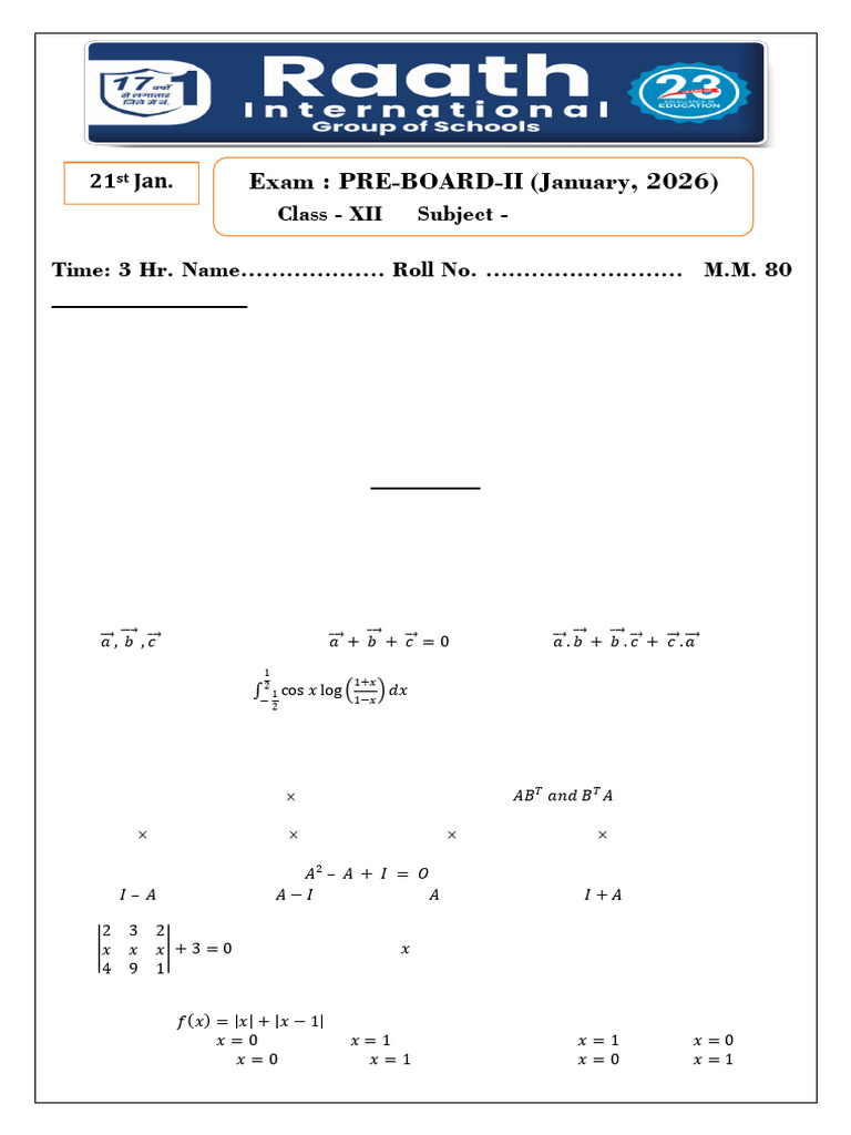 12th Maths (Set-B) Pre-board-II (Final) | PDF | Area | Matrix (Mathematics)