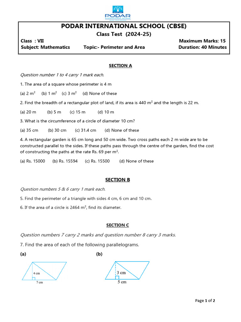 Test Paper On Perimeter and Area 1 | PDF | Area | Length