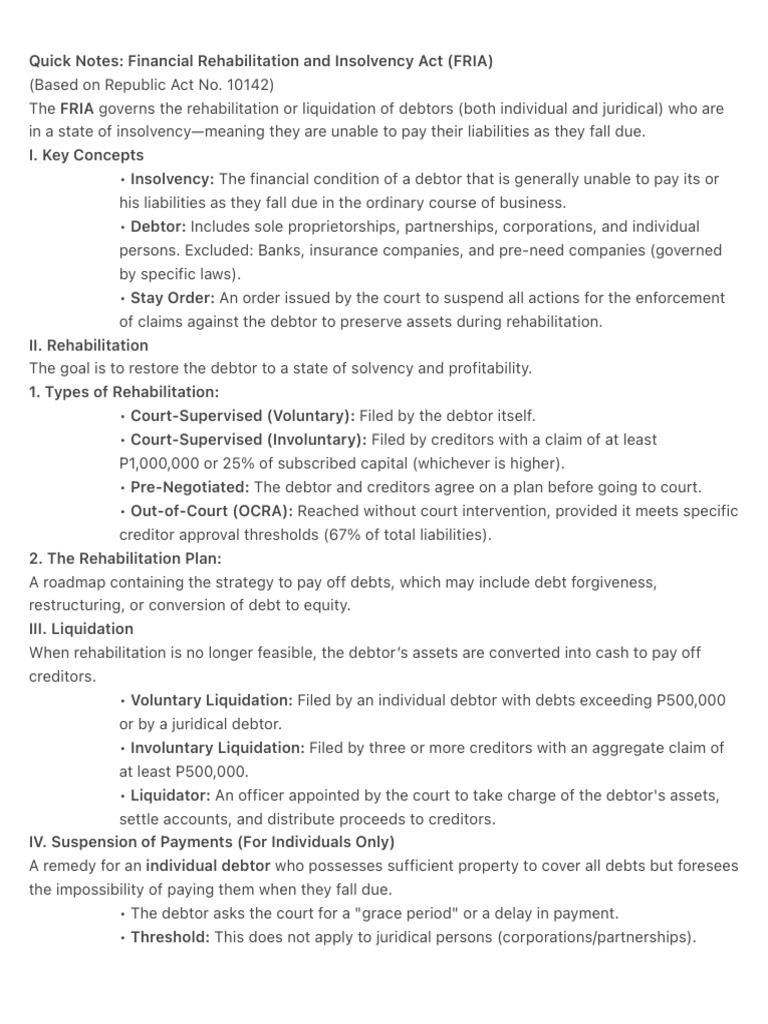 Quick Notes Financial Rehabilitation and Insolvency Act FRIA | PDF ...