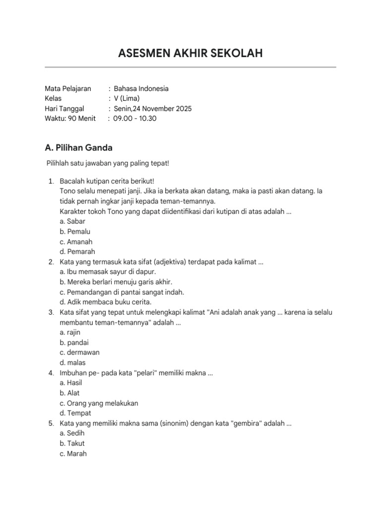 Soal SAS Bahasa Indonesia Kls 5 Semester 1 TH 2025 | PDF