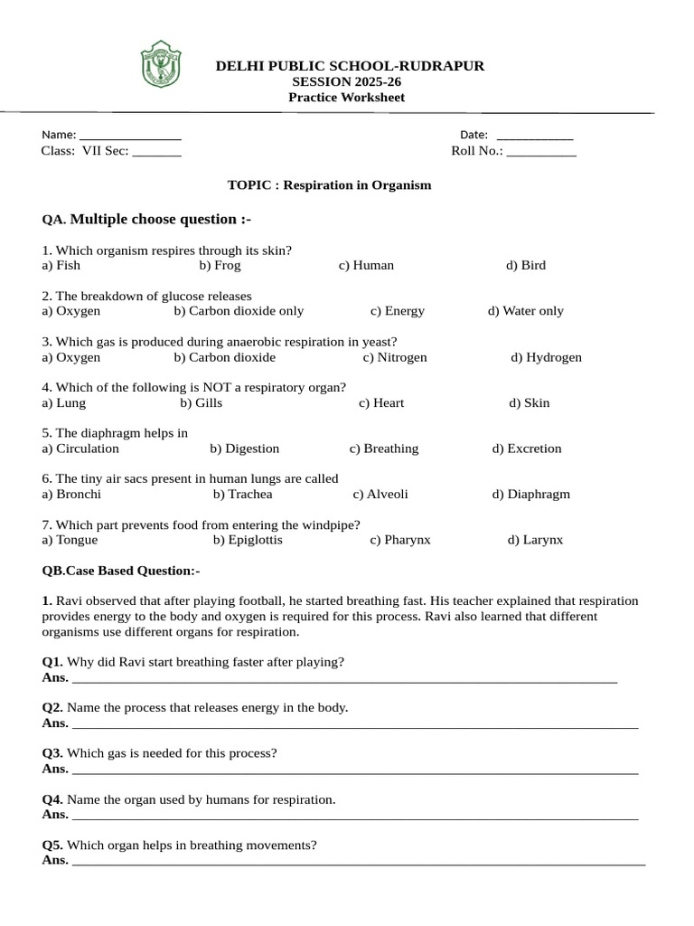 Class 7 Revision Worksheet Chapter 6 Respiration in Organism | PDF ...