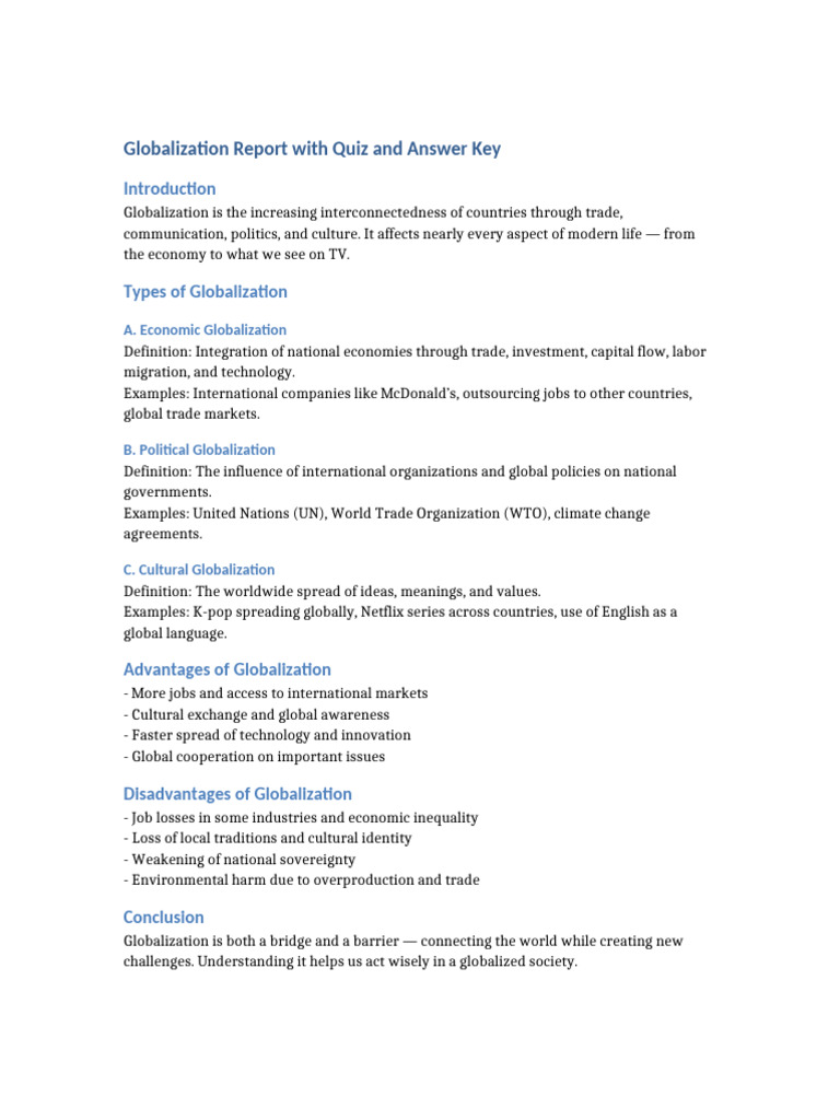 Globalization Report With Quiz-2 | PDF | Globalization | Cultural ...