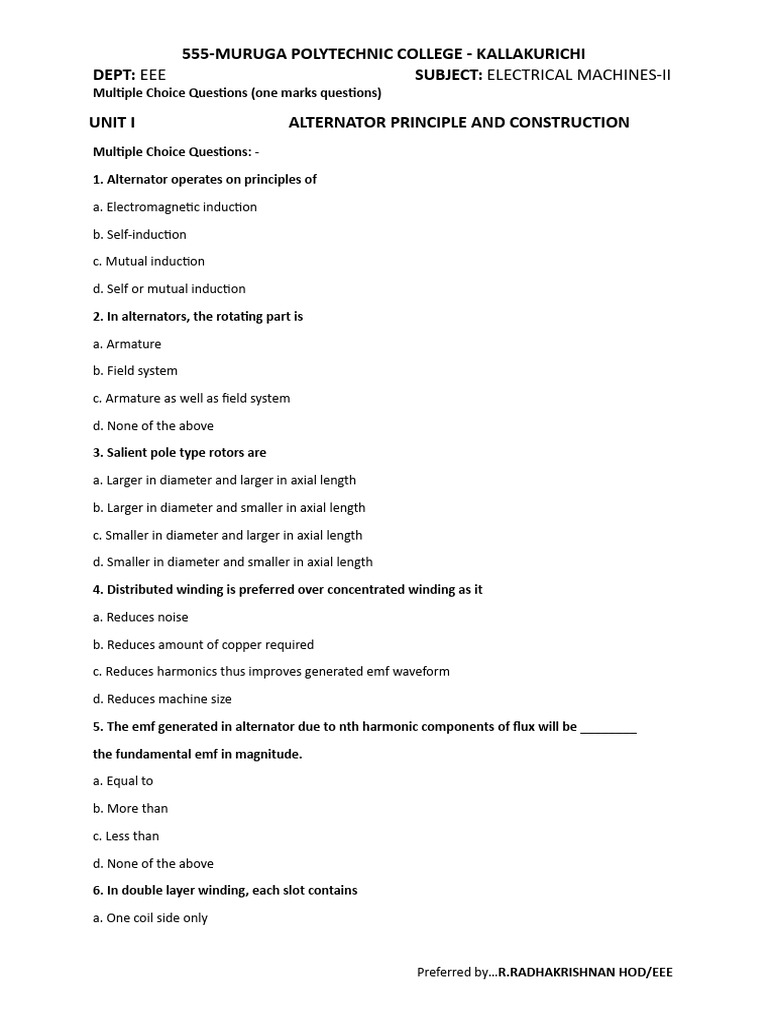 Electrical Machines - II One Mark | PDF