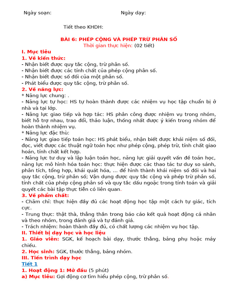 t6 Knttvcs c6 Bai 25 Cong Tru Phan So | PDF