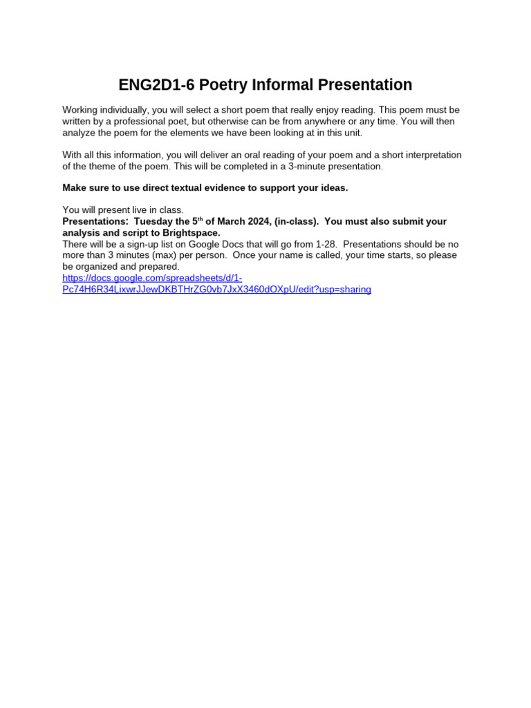 ENG2D1 Informal Poetry Presentation | PDF