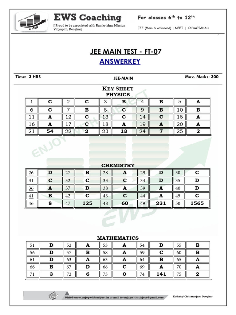 JEE Main FT - 7 (N) - KEY&SOL | PDF | Chemistry