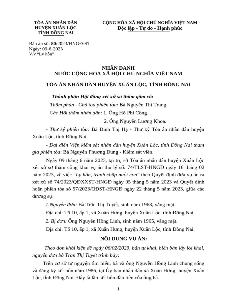 Bản Án Số 80. Trần Thj Tuyết - Nguyễn Hồng Linh.ly Hôn | PDF
