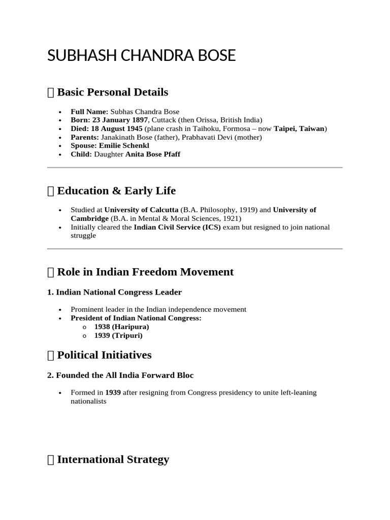 Subhash Chandra Bose | PDF | Indian Nationalism | Indian Independence ...