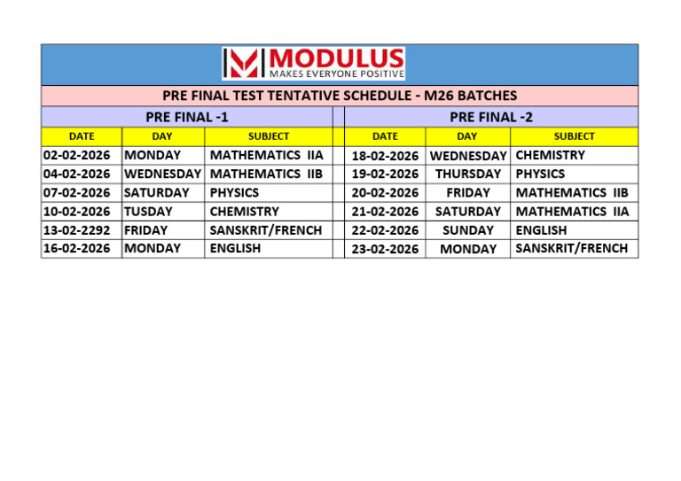 Pre Final Scehudle for m26 Batches | PDF