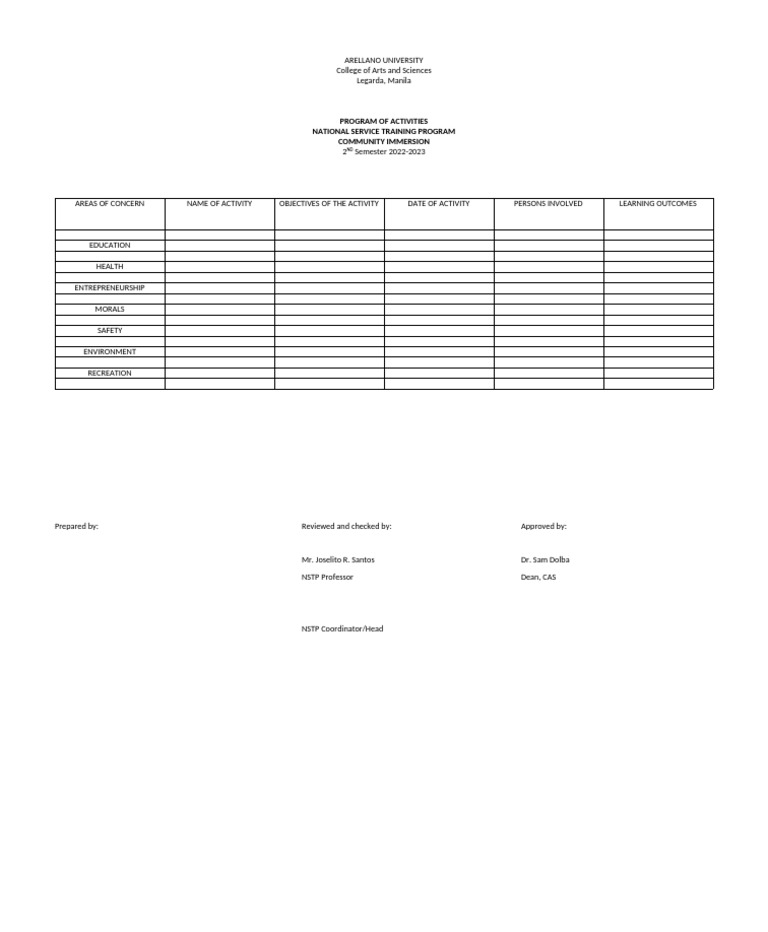 NSTP Immersion Form | PDF