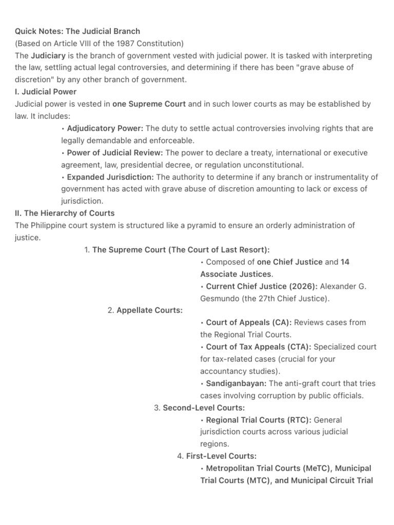 Quick Notes The Judicial Branch | PDF | Judiciaries | Political Law