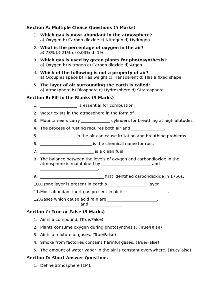 Term 2 - Science - Air and Atmosphere - Sample Questions | PDF ...