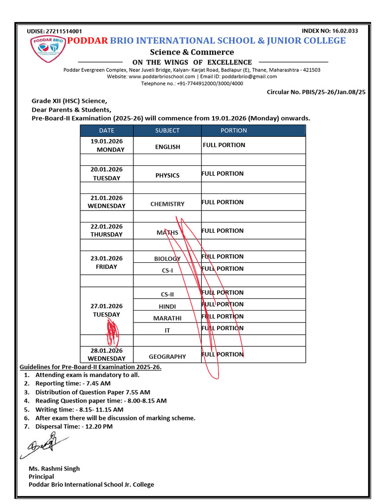 Grade Xii HSC Science Pb-II Date Sheet 2025-26 | PDF