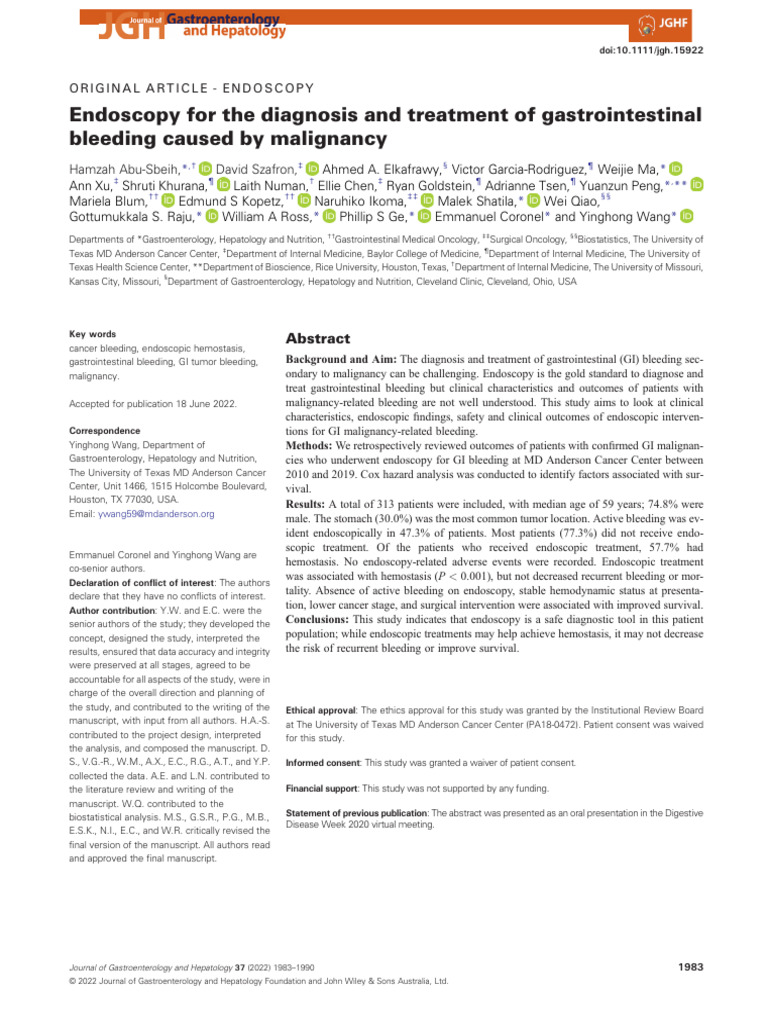 Endoscopy For The Diagnosis and Treatment of Gastrointestinal Bleeding ...
