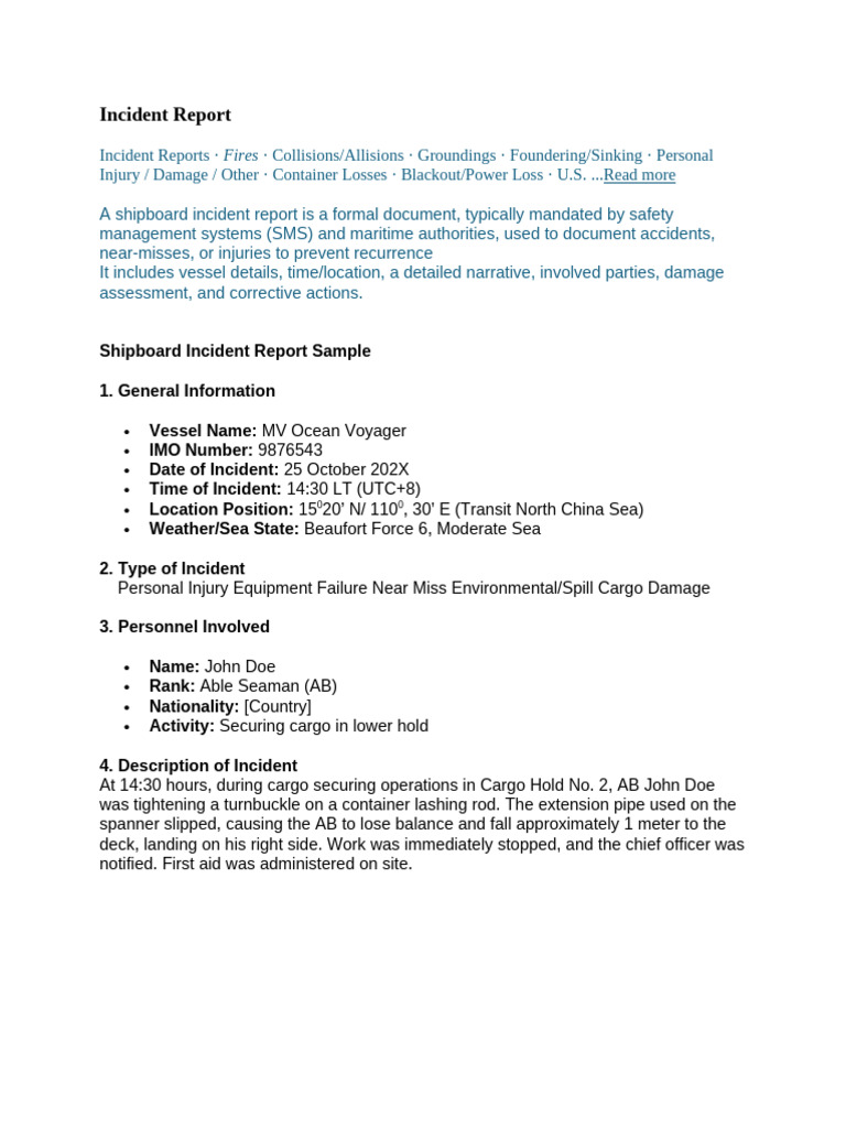 Incident Report | PDF | Shipping | Water Transport