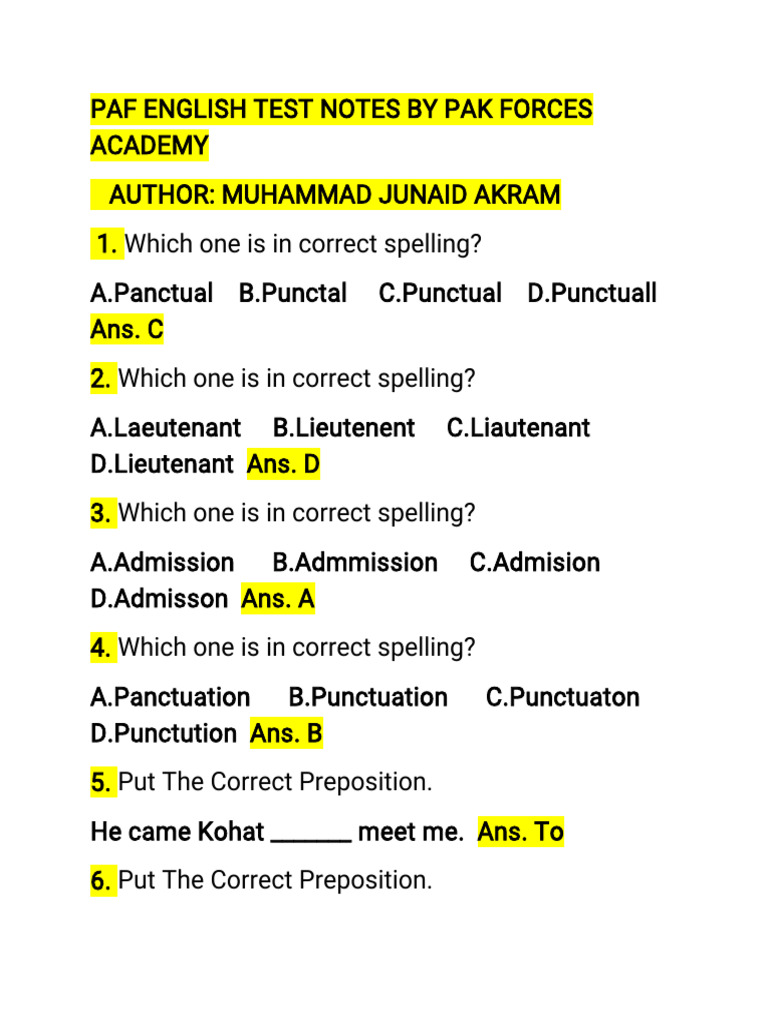 Paf English Test Notes by Pak Forces Academy-Wps Office | PDF | Adverb ...