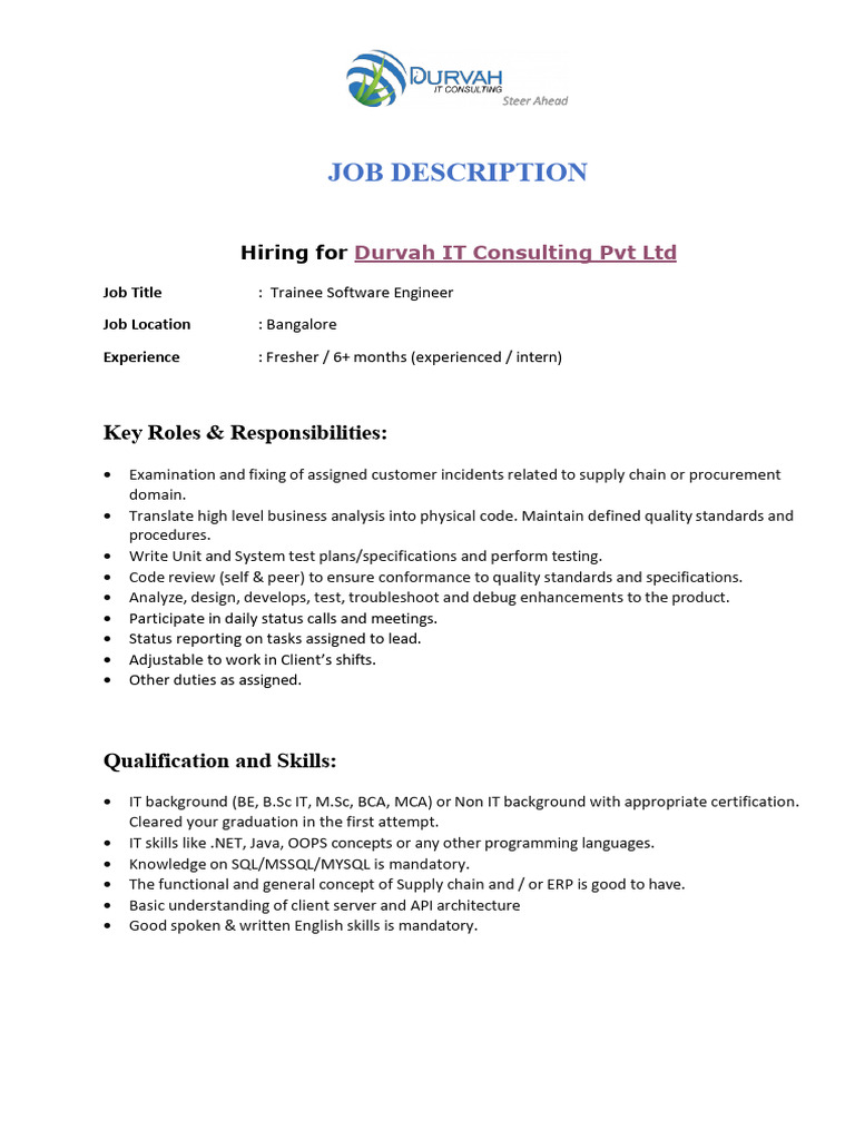 JD Fresher Engineering 2025 | PDF