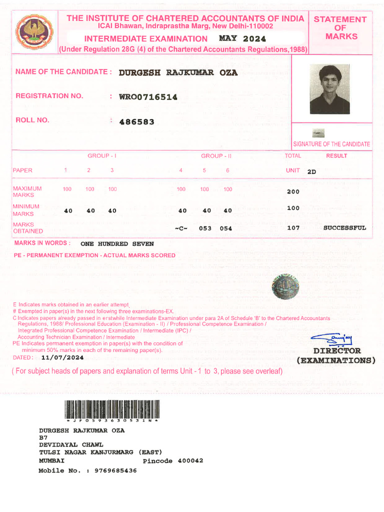 CA Inter Marksheet G2 | PDF