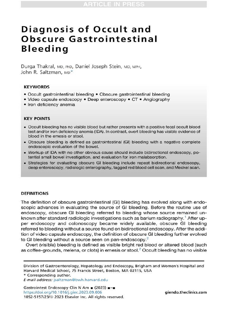 Diagnosis of Occult and Obscure Gastrointestinal Bleeding 2023 | PDF ...