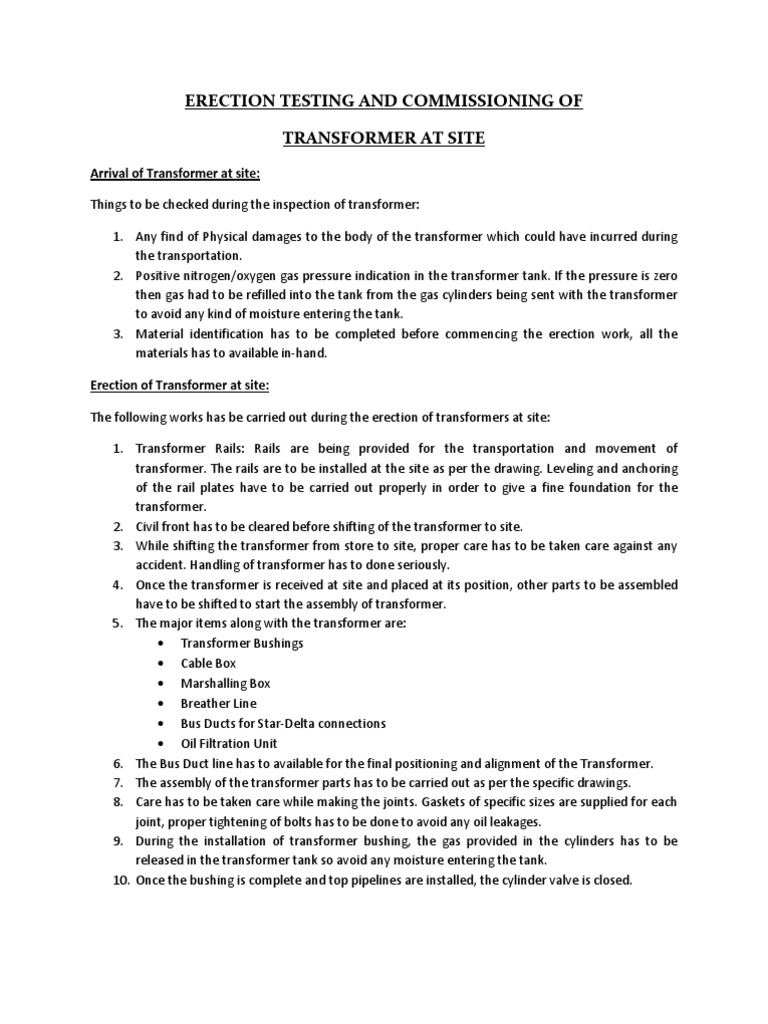 Transformer Erection and Commissioning Guide | PDF | Volt | Transformer