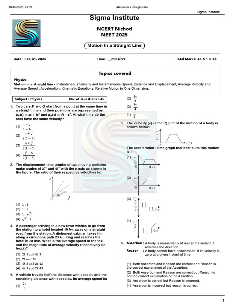 Motion in A Straight Line QP | PDF | Acceleration | Velocity