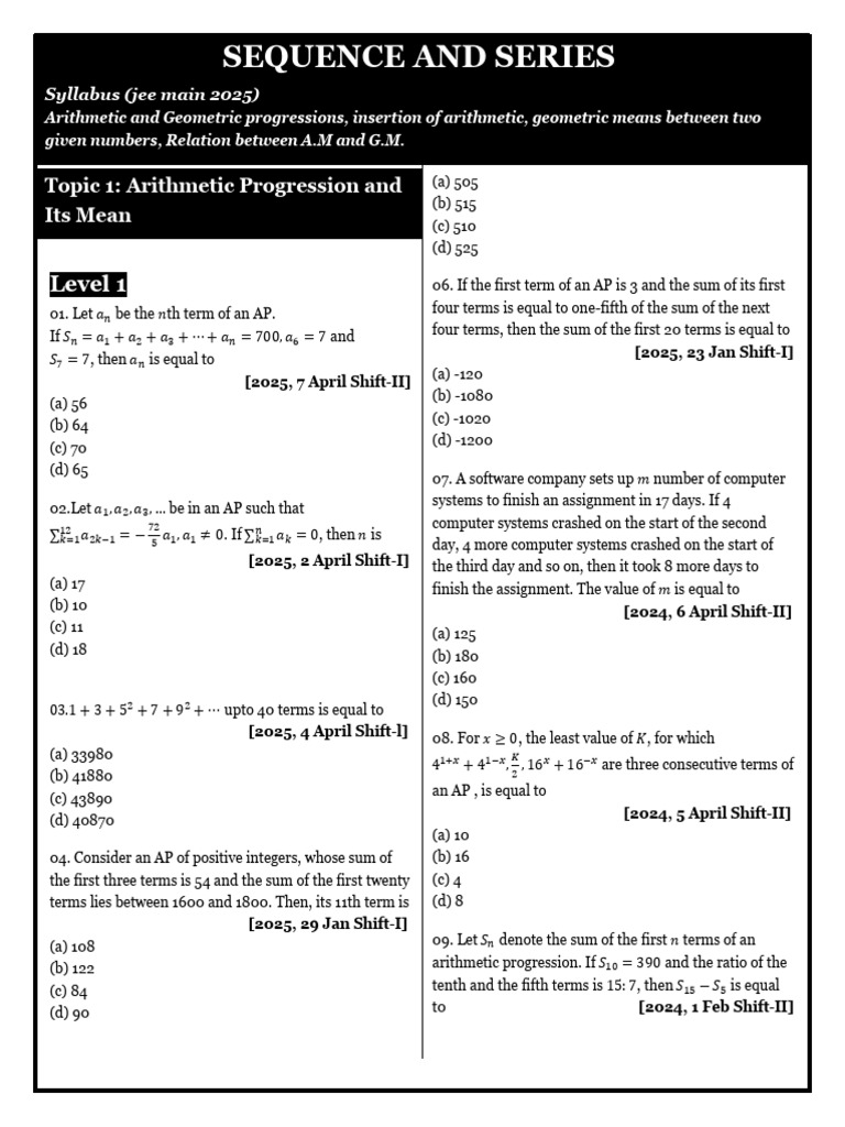 JEE MAIN Sequences and Series | PDF | Mean | Discrete Mathematics