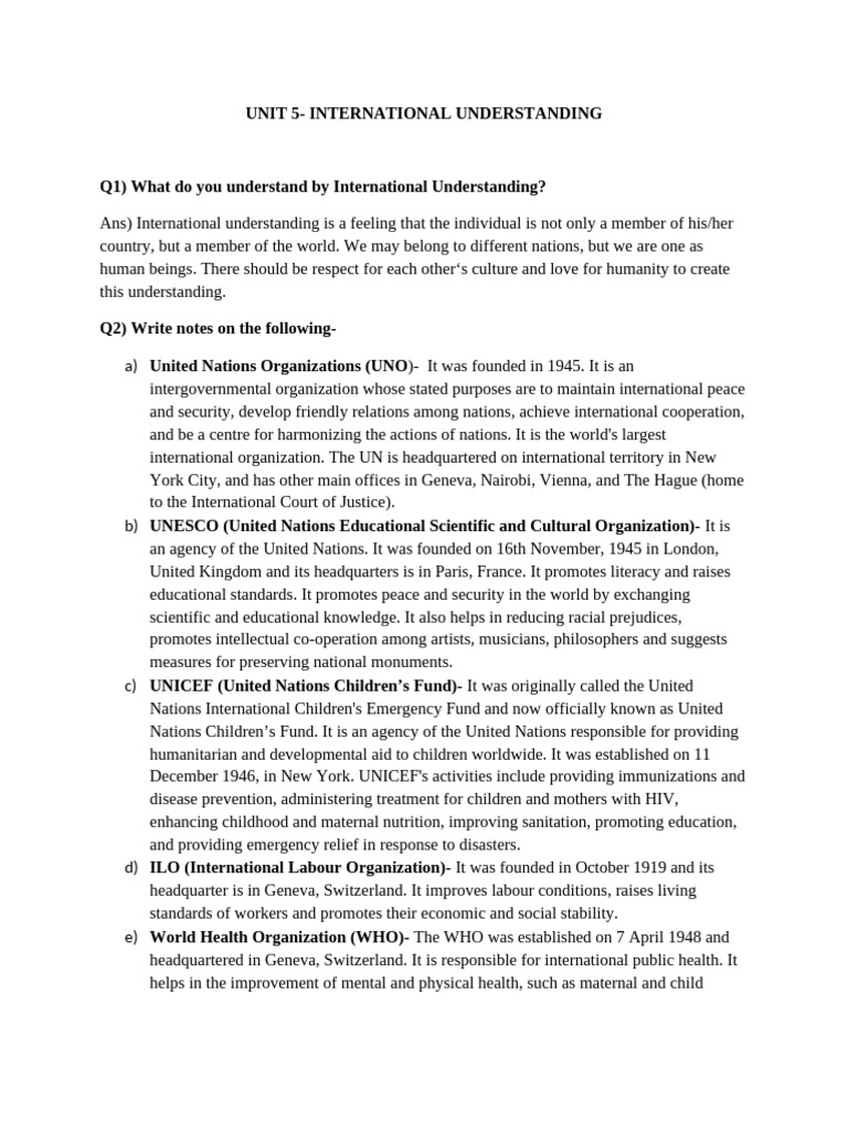Unit 4 - International Understanding | PDF | United Nations ...