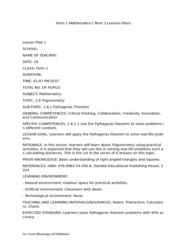 Form 1 Mathematics I Term 3 Lessons Plans | PDF | Lesson Plan | Learning