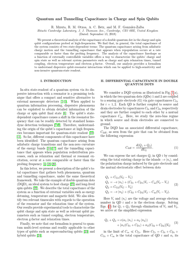 Quantum and Tunnelling Capacitance in Charge and Spin Qubits | PDF ...