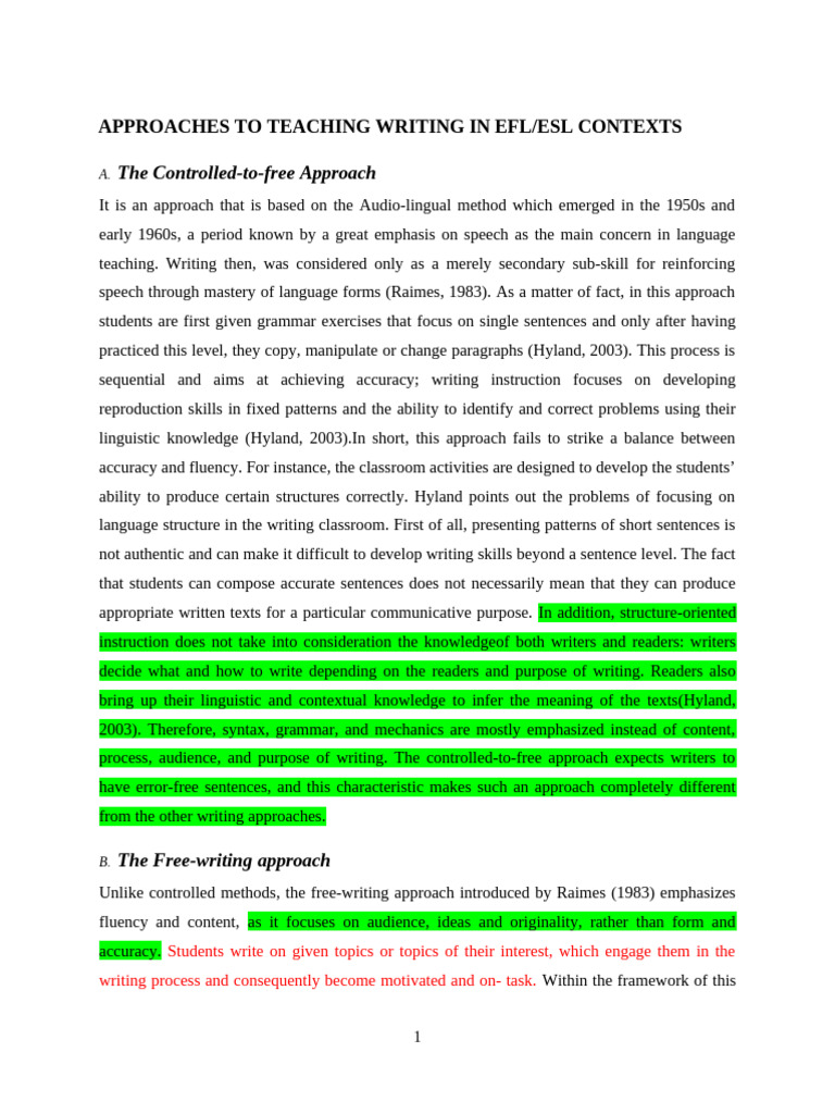 Approaches To Teaching Writing in | PDF | English As A Second Or ...