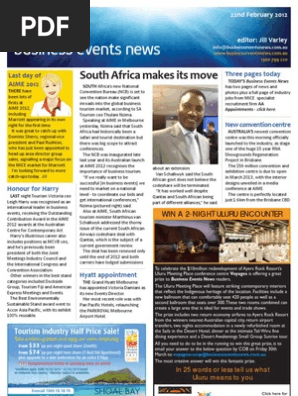 Business Events News for Wed 22 Feb 2012 - South Africa, Leigh Harry, new Brisbane centre, Jumeirah and much more