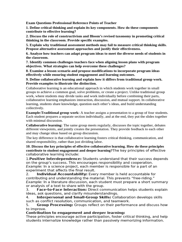 Exam Questions Professional Reference Points of Teacher (копия) | PDF ...