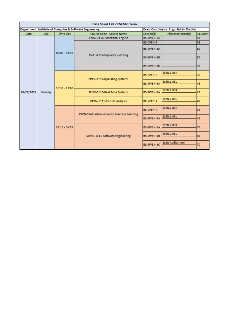ICSE Mid Semester Exam Date Sheet - FALL 24 | PDF | Engineering | Computing