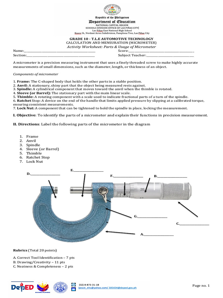 Summary Worksheet Vernier and Micrometer | PDF