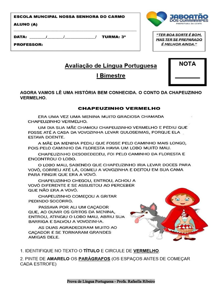 Avaliação Língua Portuguesa - I Bimestre - 3 Ano - 2025 | PDF