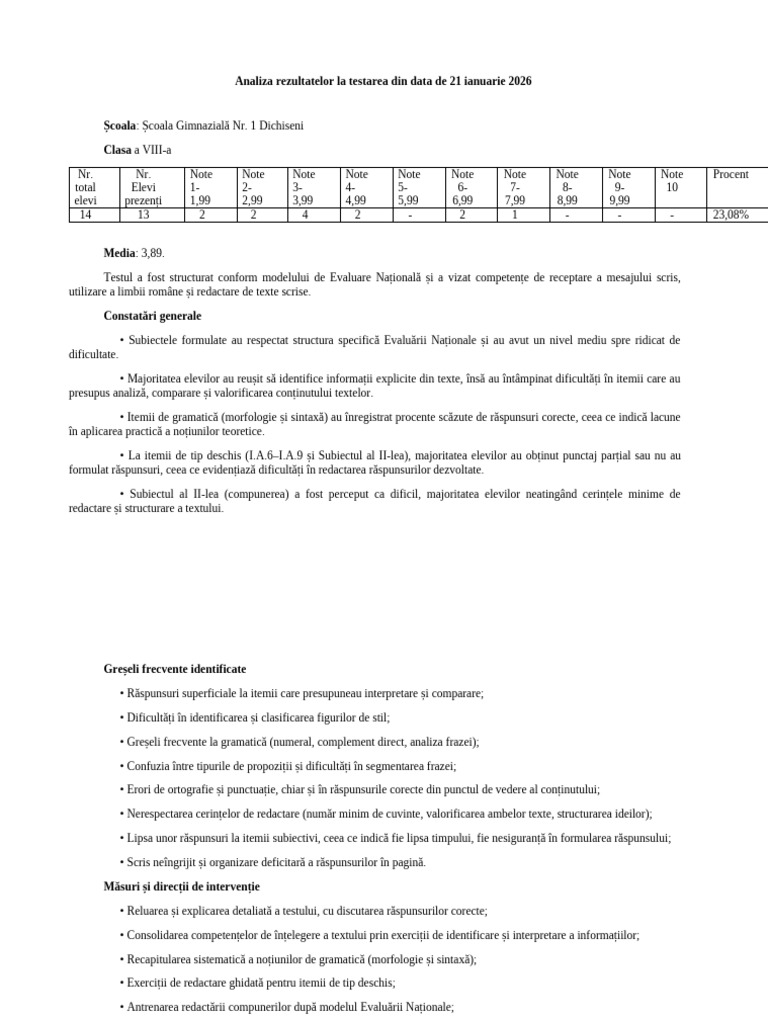 Analiza Teste Cls 8 | PDF