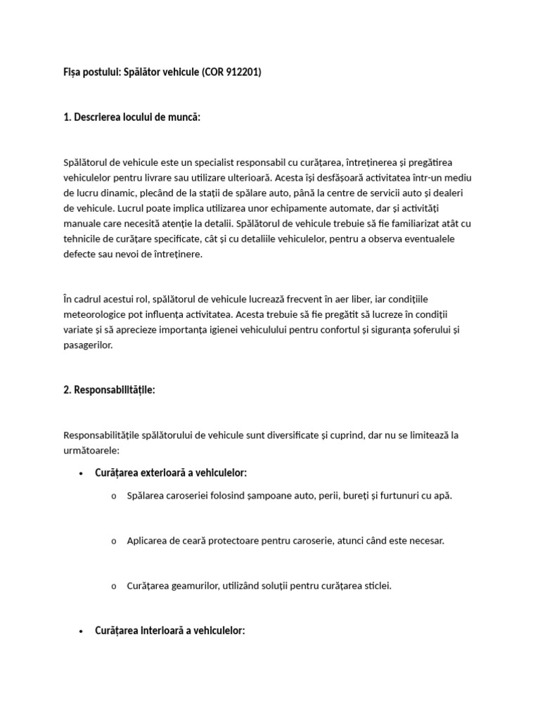 Fisa Postului Spalator Auto | PDF