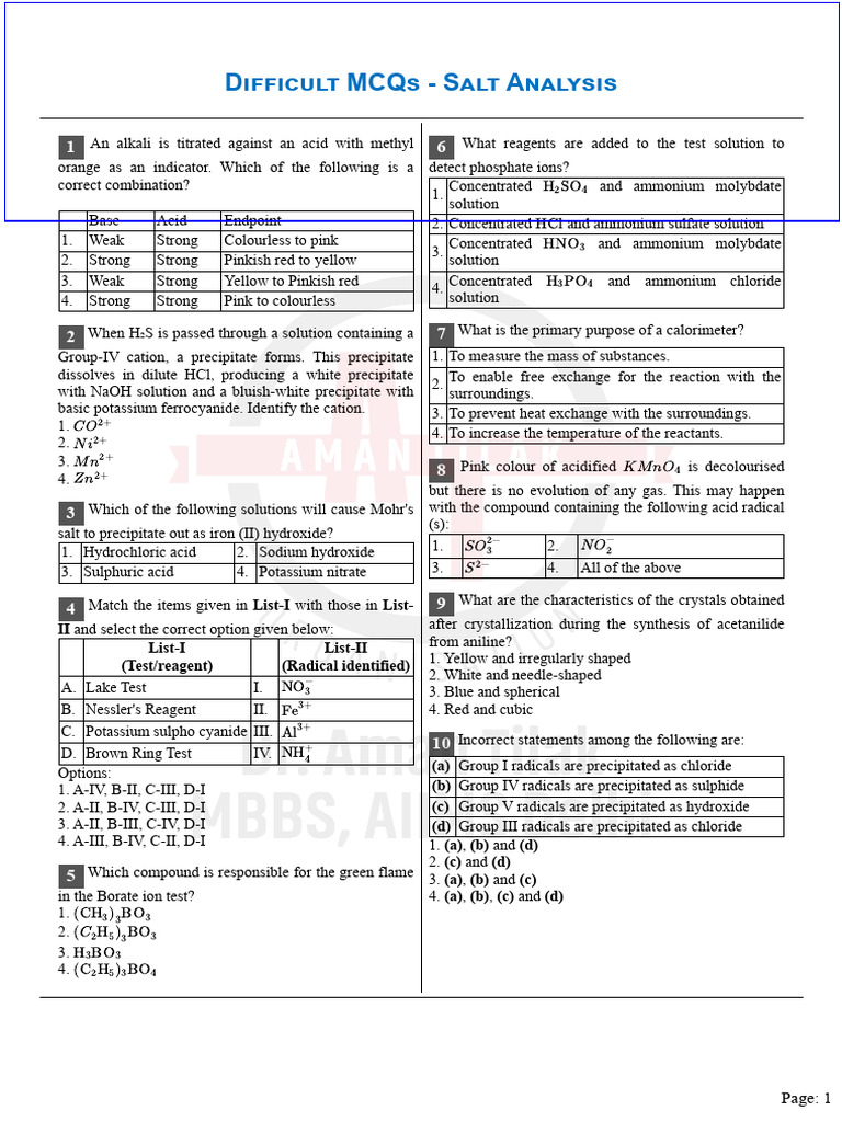 Difficult MCQs - Salt Analysis | PDF | Acid | Ammonium