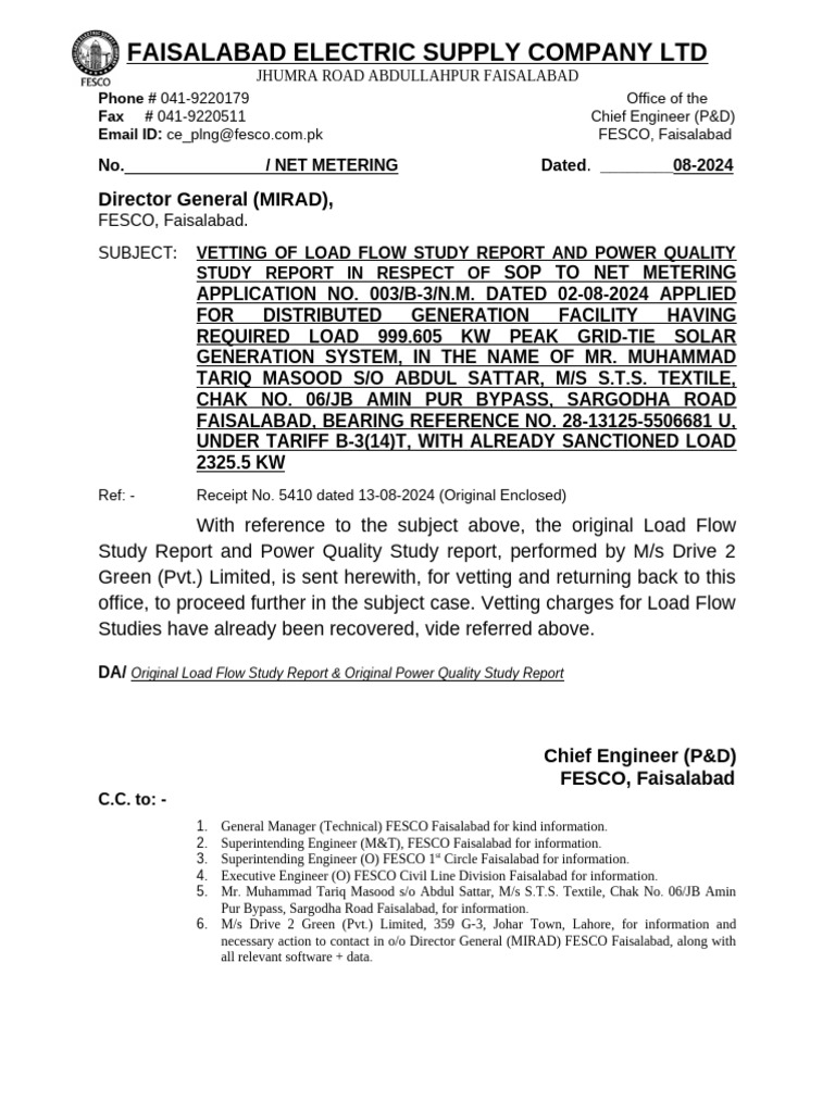 Letter To DG Mirad For Vetting of Load Flow Study Report and Power ...