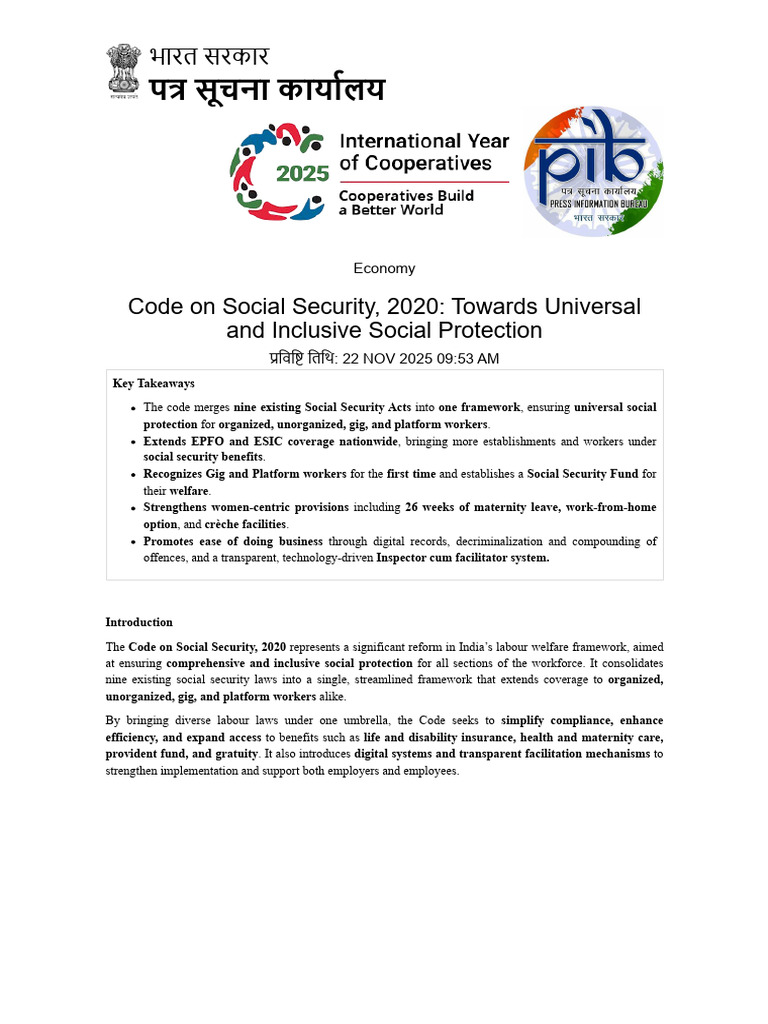 Code On Social Security, 2020 | PDF | Employment | Parental Leave