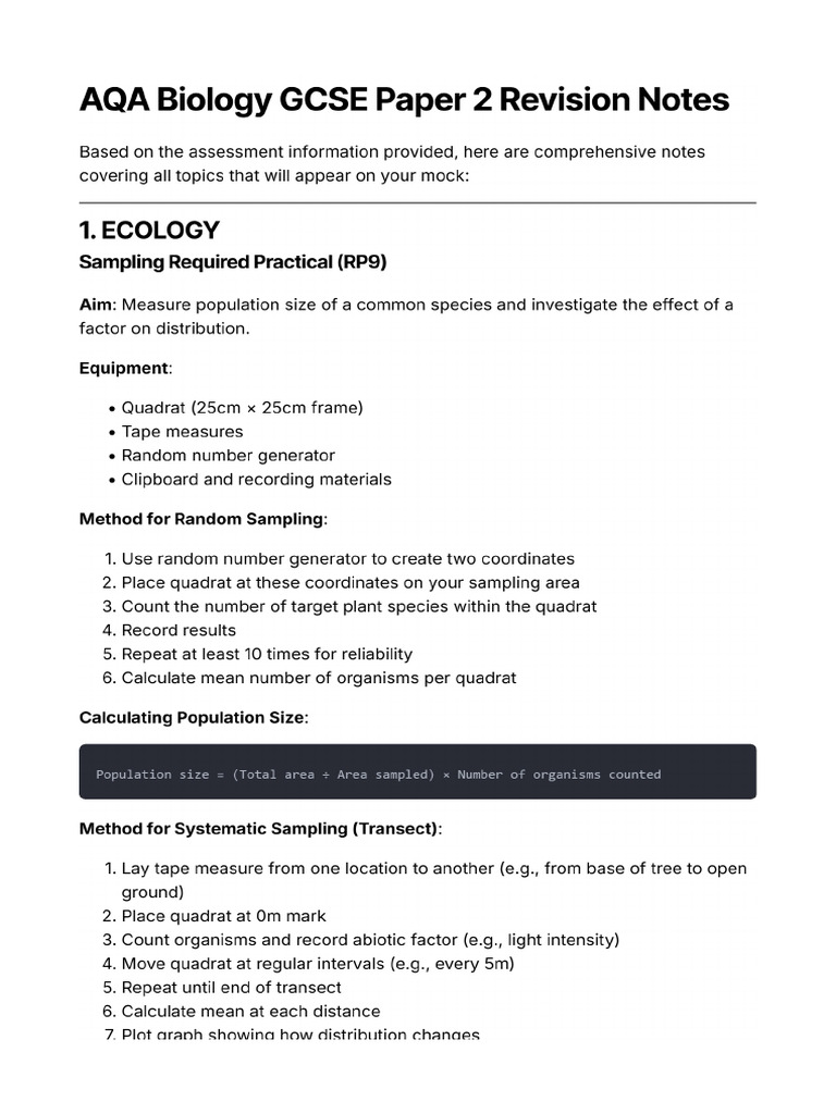 Paper 2 Biology Mock Notes | PDF