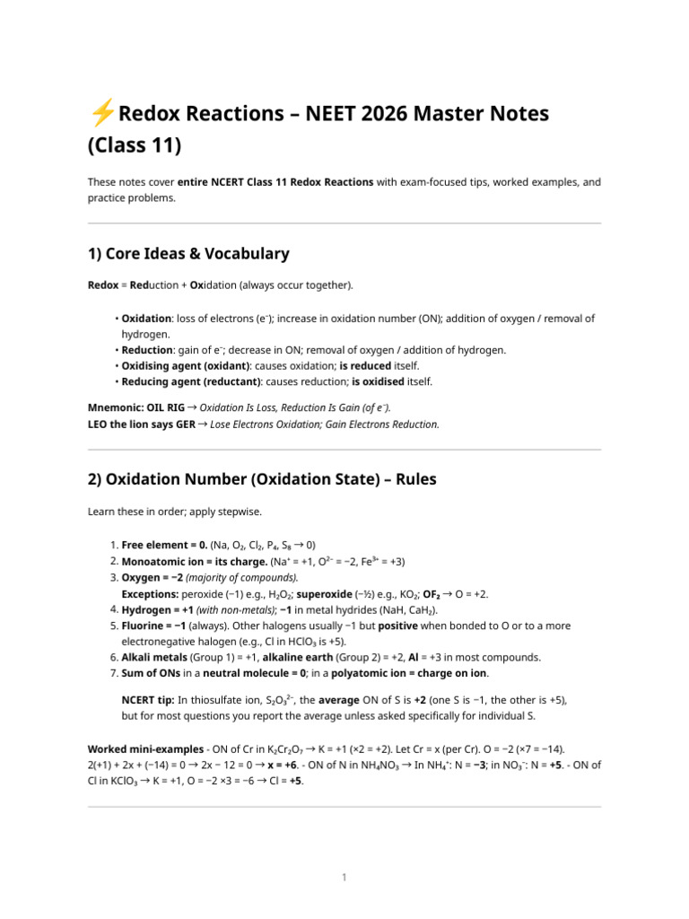 Redox Reactions - Neet 2026 Master Notes (Class 11) | PDF | Redox ...