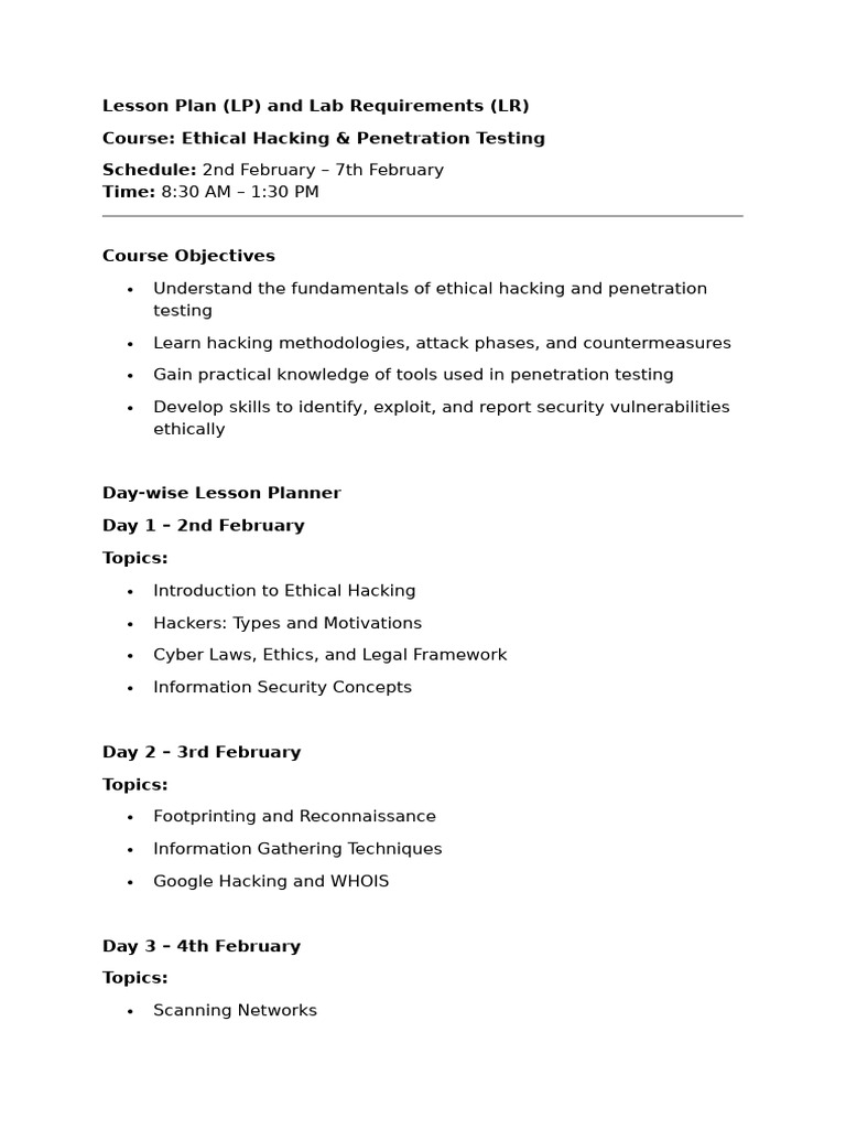 Ethical Hacking & Penetration Testing Lesson Plan, LR | PDF